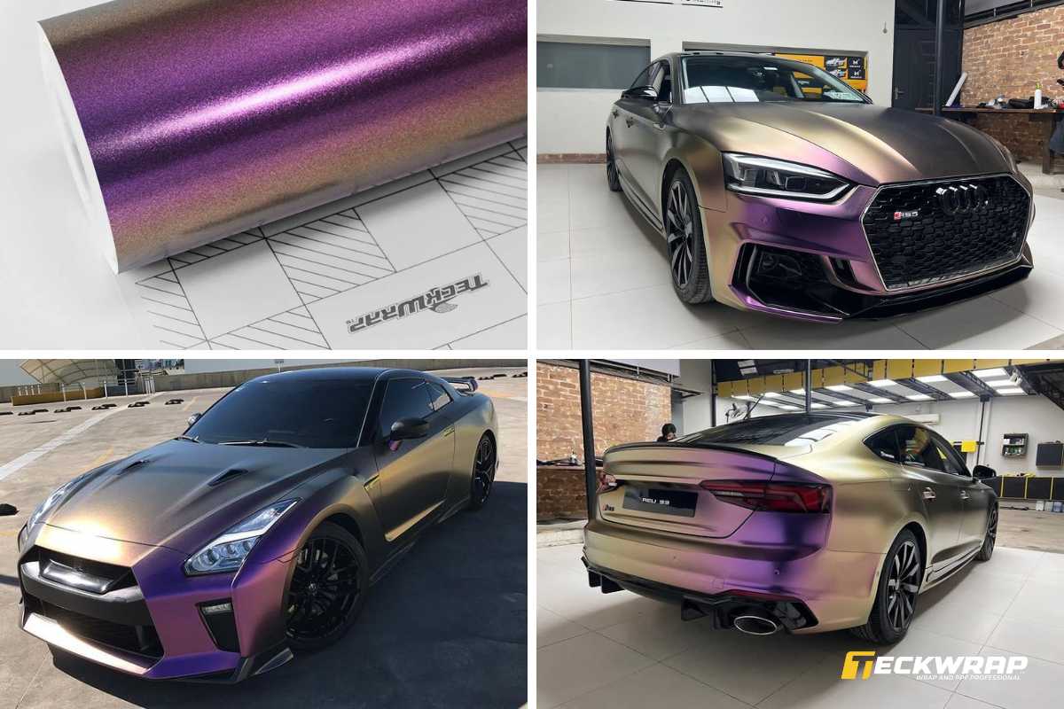 Wrap đổi màu ô tô với decal tím ánh vàng Chameleon Metallic mã CK895 - Purple Gold