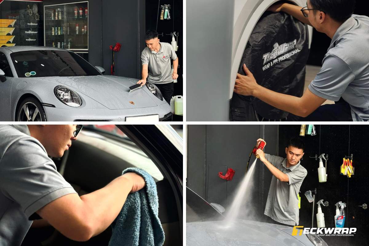 Đại lý AKauto tiến hành vệ sinh kỹ càng trước khi bước vào quy trình dán PPF TeckWrap chính thức